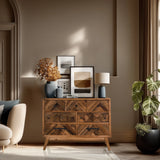 Buffet SANTJAGO WOOD XL en bois marron foncé avec motif en chevrons et poignées noires de hjh LIVING