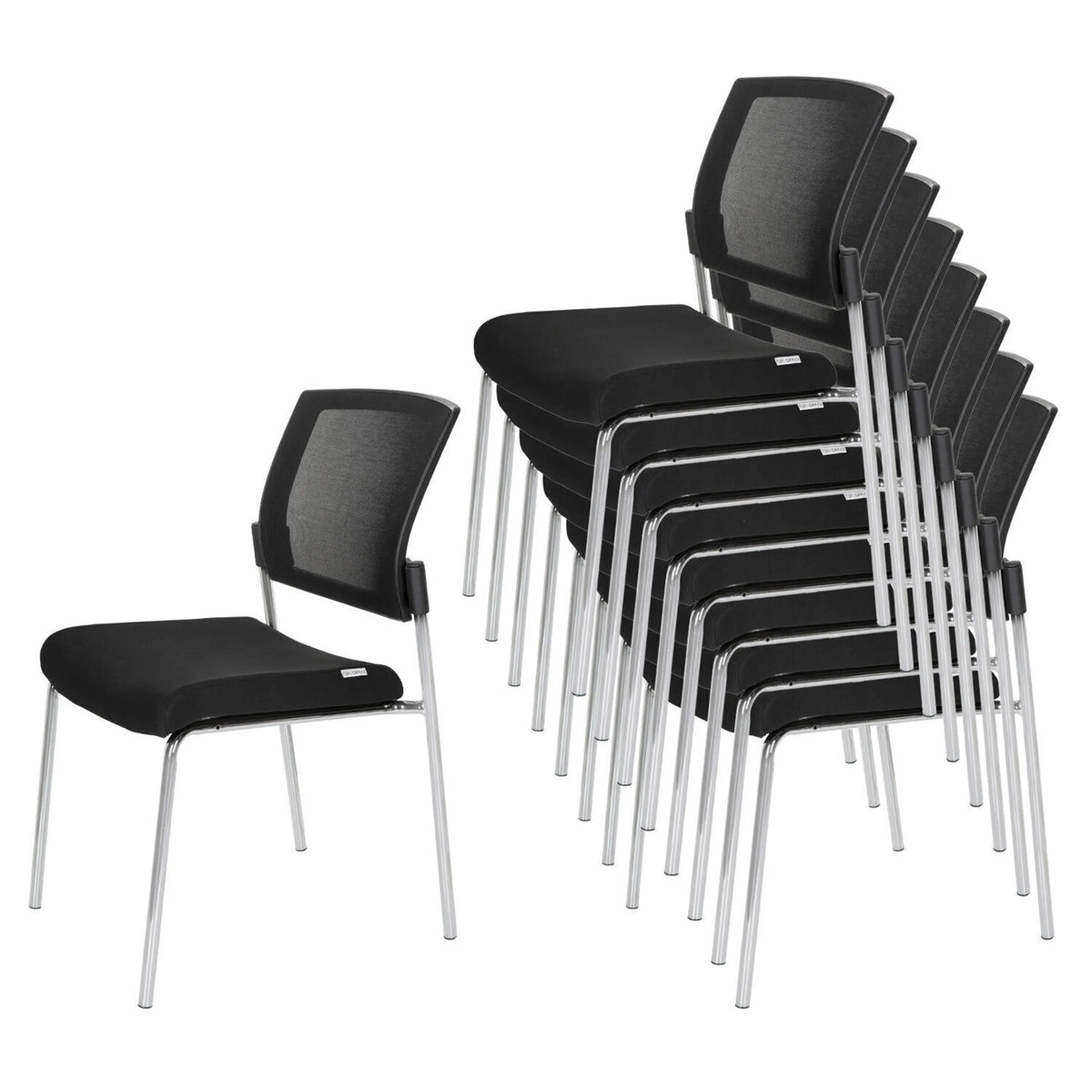 Chaises à quatre pieds empilables K9 V en noir avec dossier en maille et structure chromée de hjh OFFICE