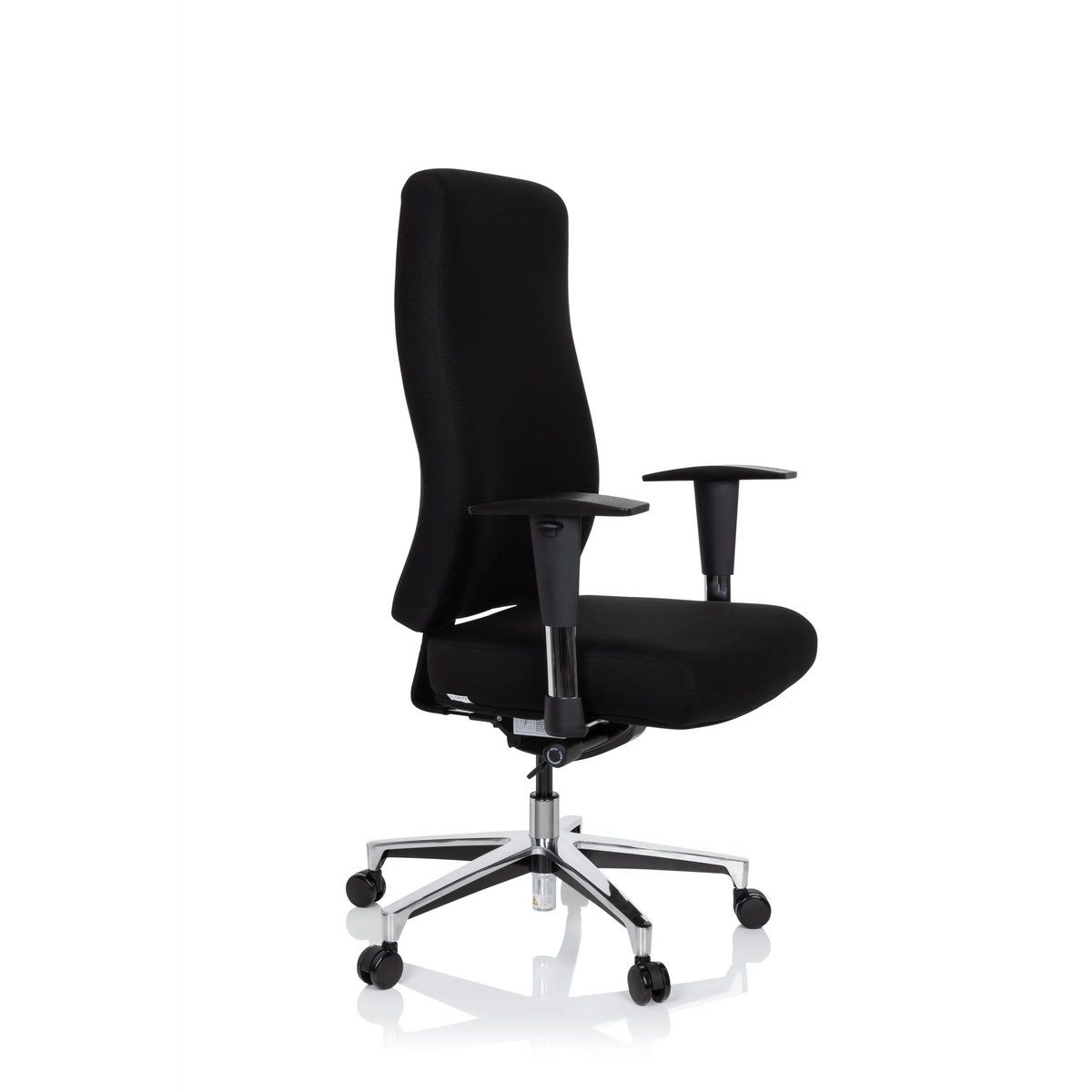 Siège de bureau de qualité professionnelle FORCOM noir avec accoudoirs et pied à cinq roulettes de hjh OFFICE – vue à 360° (vue de trois quarts avant 60°)