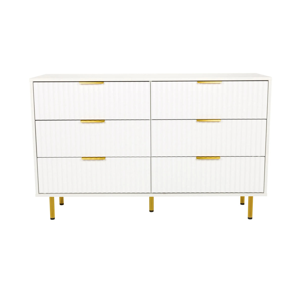Buffet blanc HJELLE avec six tiroirs, façades cannelées et pieds dorés de hjh LIVING – vue à 360° (vue de face 0°)