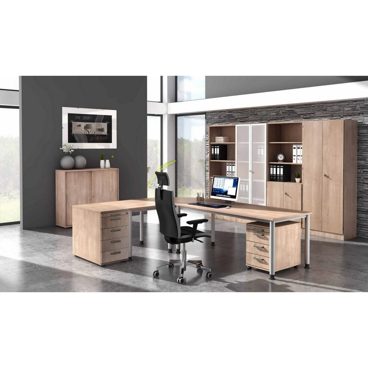 Bureau en L HILO 8 S en chêne rustique avec deux caissons à roulettes et une chaise de bureau de hjh OFFICE PRO