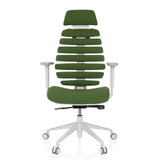 Siège de bureau de qualité professionnelle ERGO LINE W vert, dossier segmenté et base blanche à cinq roulettes de hjh OFFICE – vue à 360° (vue de face 0°)
