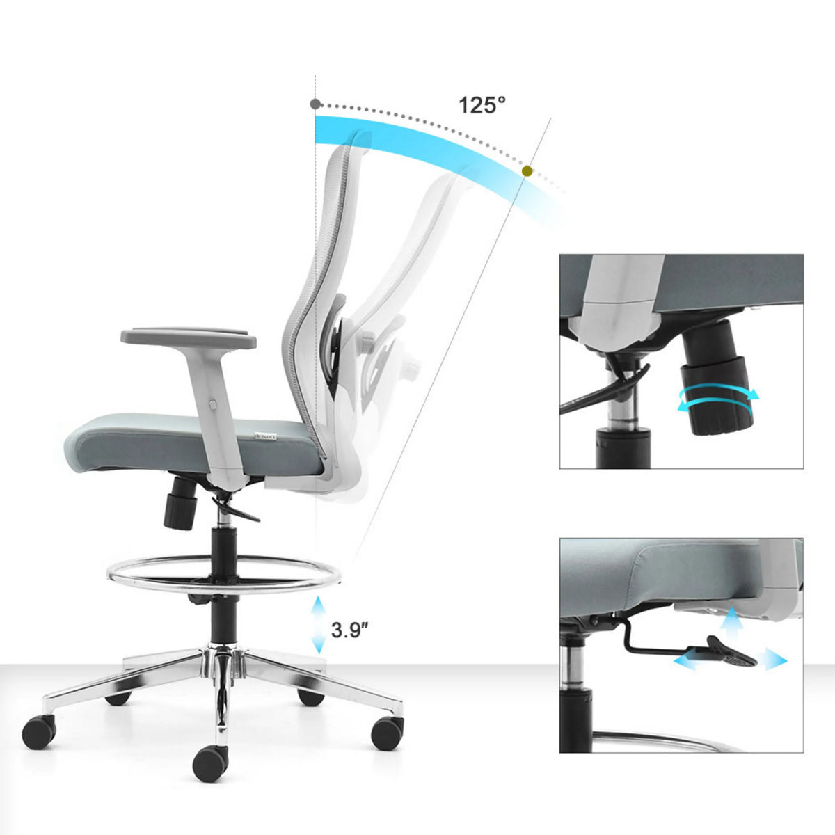 Mécanismes de réglage de la chaise de comptoir Top Work 44 W avec inclinaison du dossier à 125° et réglage de hauteur de 3.9" de hjh OFFICE