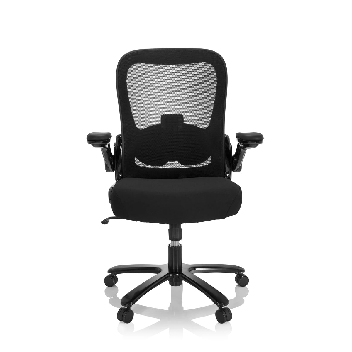 Siège pivotant XXL INSTRUCTOR SW I noir avec dossier en maille, accoudoirs et piètement à cinq roulettes de hjh OFFICE – vue à 360° (vue de face 0°)