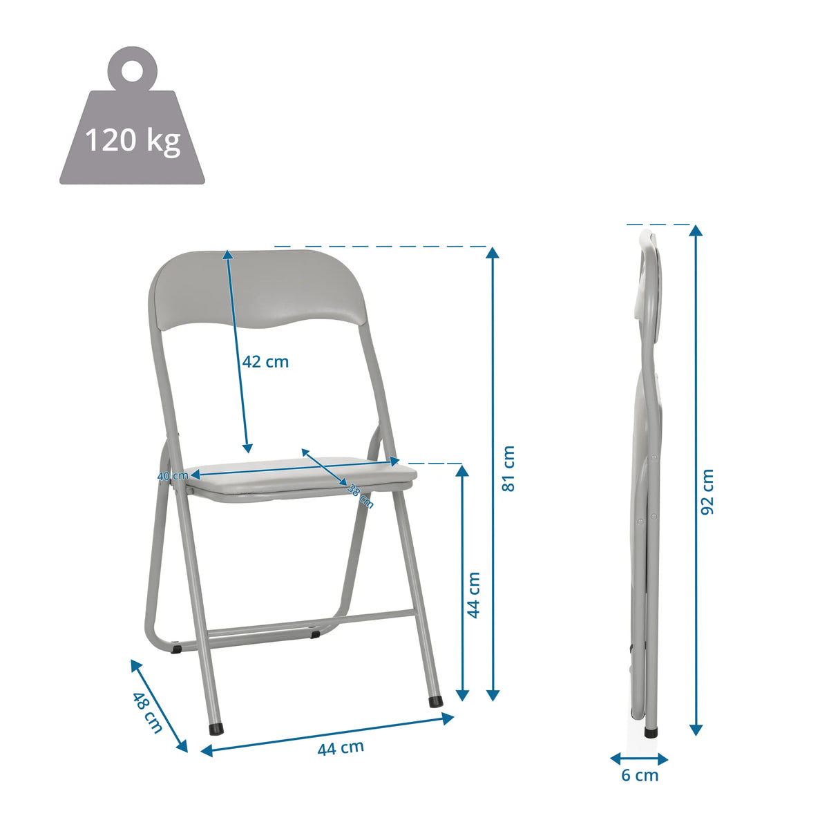 Dessin coté de la Chaise pliante TUDELA BASIC avec une hauteur totale de 92 cm et une capacité de charge de 120 kg de hjh OFFICE