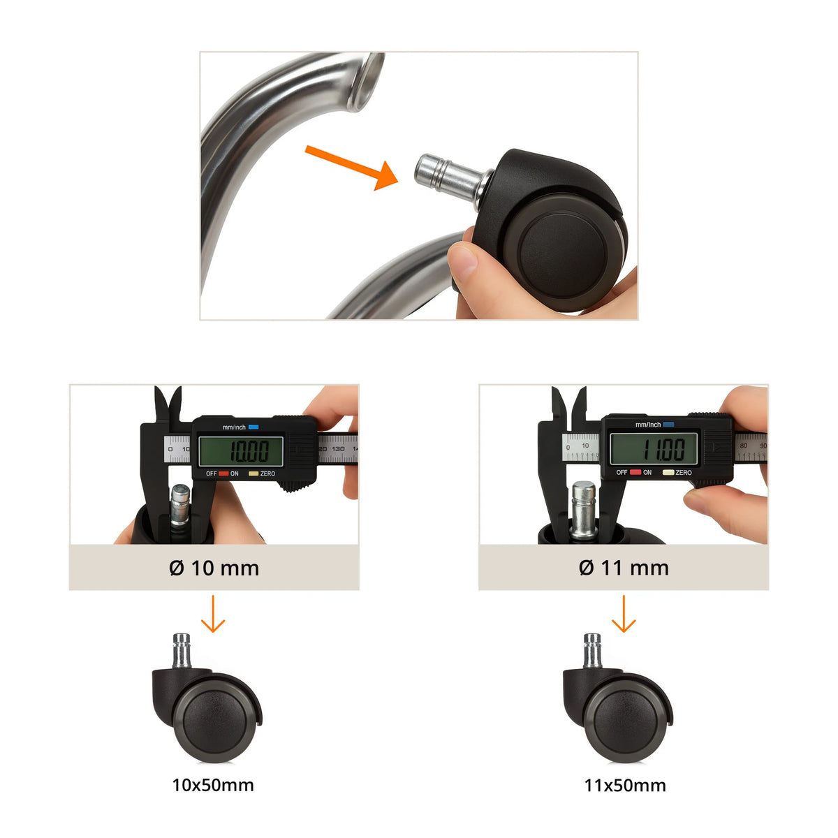 Guide de mesure pour roulettes 5x ROLO ESD 10mm/50mm en deux tailles avec des diamètres de 10 mm et 11 mm de hjh OFFICE