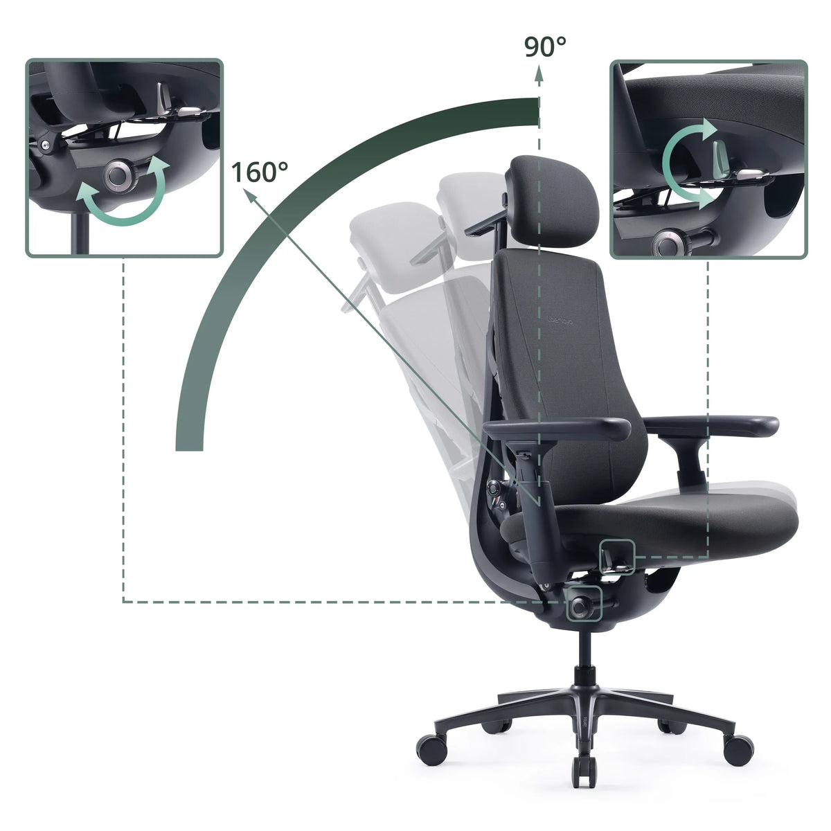 Angle d'inclinaison du dossier réglable de la chaise de bureau LiberNovo Maxis Manual de 90 à 160 degrés en graphite de Libernovo