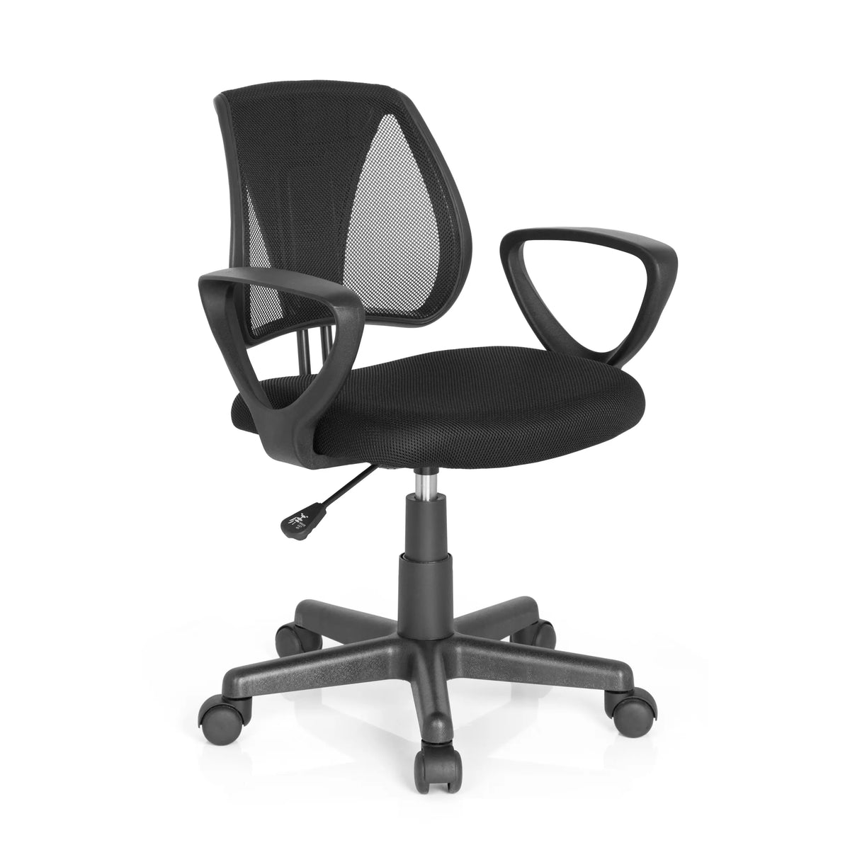 Chaise pivotante pour des enfants KIDDY CD noire avec dossier en maille et base à cinq roulettes de hjh OFFICE – vue à 360° (vue de trois quarts avant 40°)