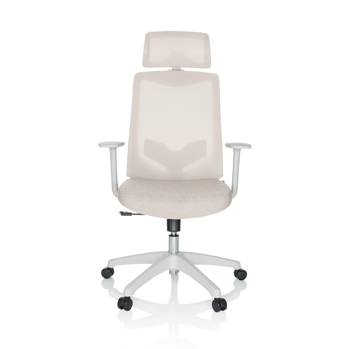 Siège de bureau à domicile MIKEO W beige avec appuie-tête et piètement blanc à cinq roulettes de hjh OFFICE – vue à 360° (vue de face 0°)