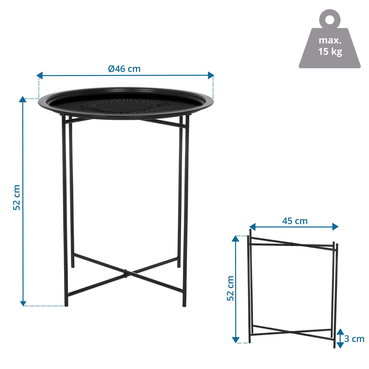Dessin technique de la Table d'appoint ALLRUND avec un diamètre de 46 cm et une hauteur de 52 cm de hjh LIVING