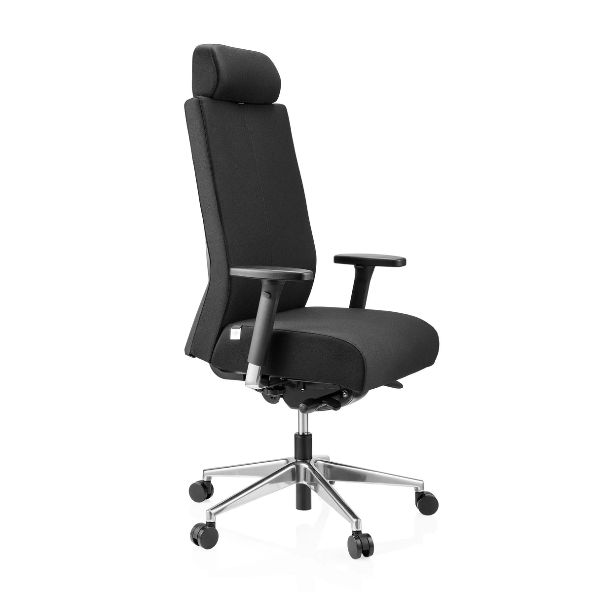 Siège de bureau de qualité professionnelle PRO-TEC XXL noir en tissu avec appui-tête et base à 5 roulettes de hjh OFFICE – vue à 360° (vue de trois quarts avant 60°)