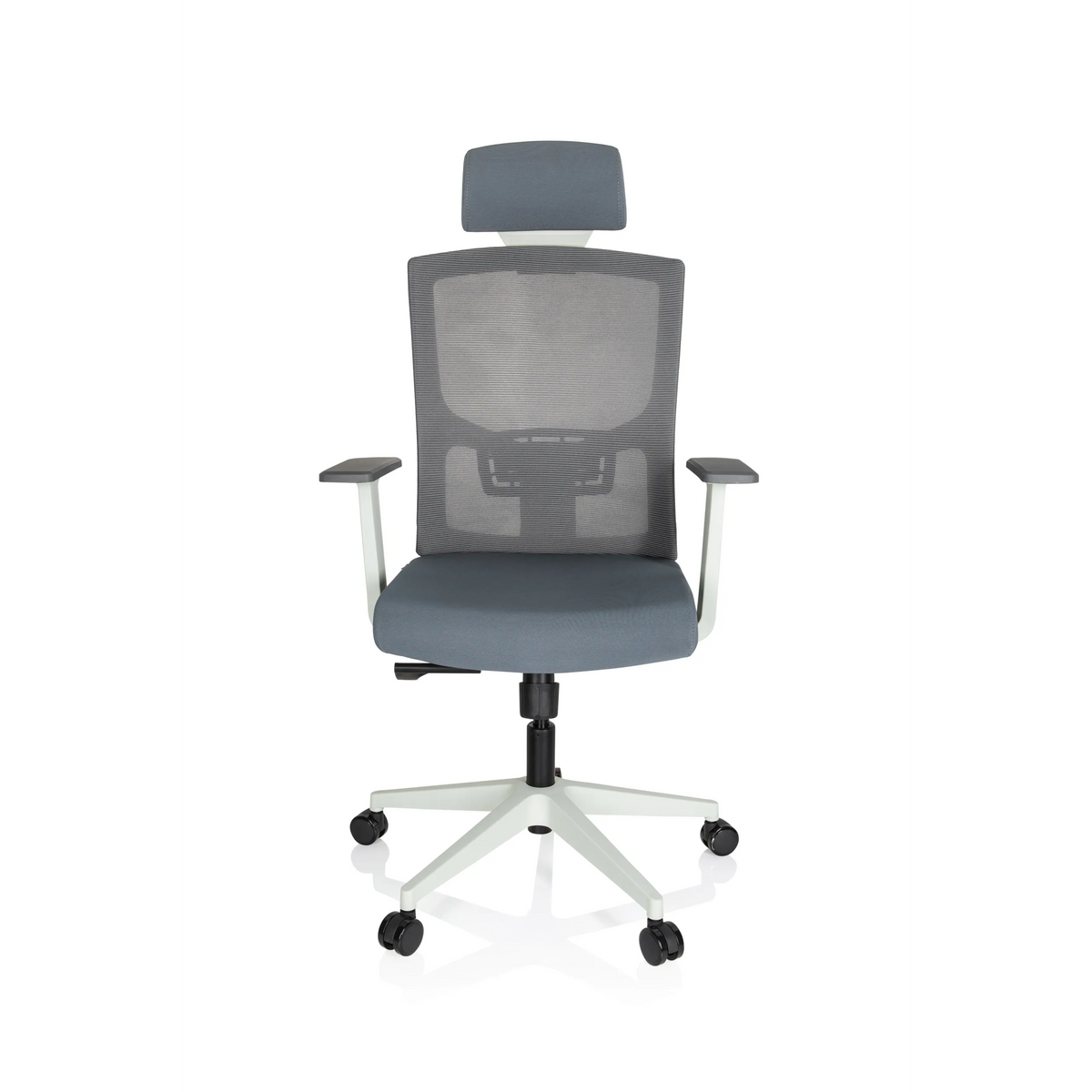 Siège de bureau de qualité professionnelle CAPTIVO BASE W gris, dossier maille, appui-tête et base blanche de hjh OFFICE – vue à 360° (vue de face 0°)