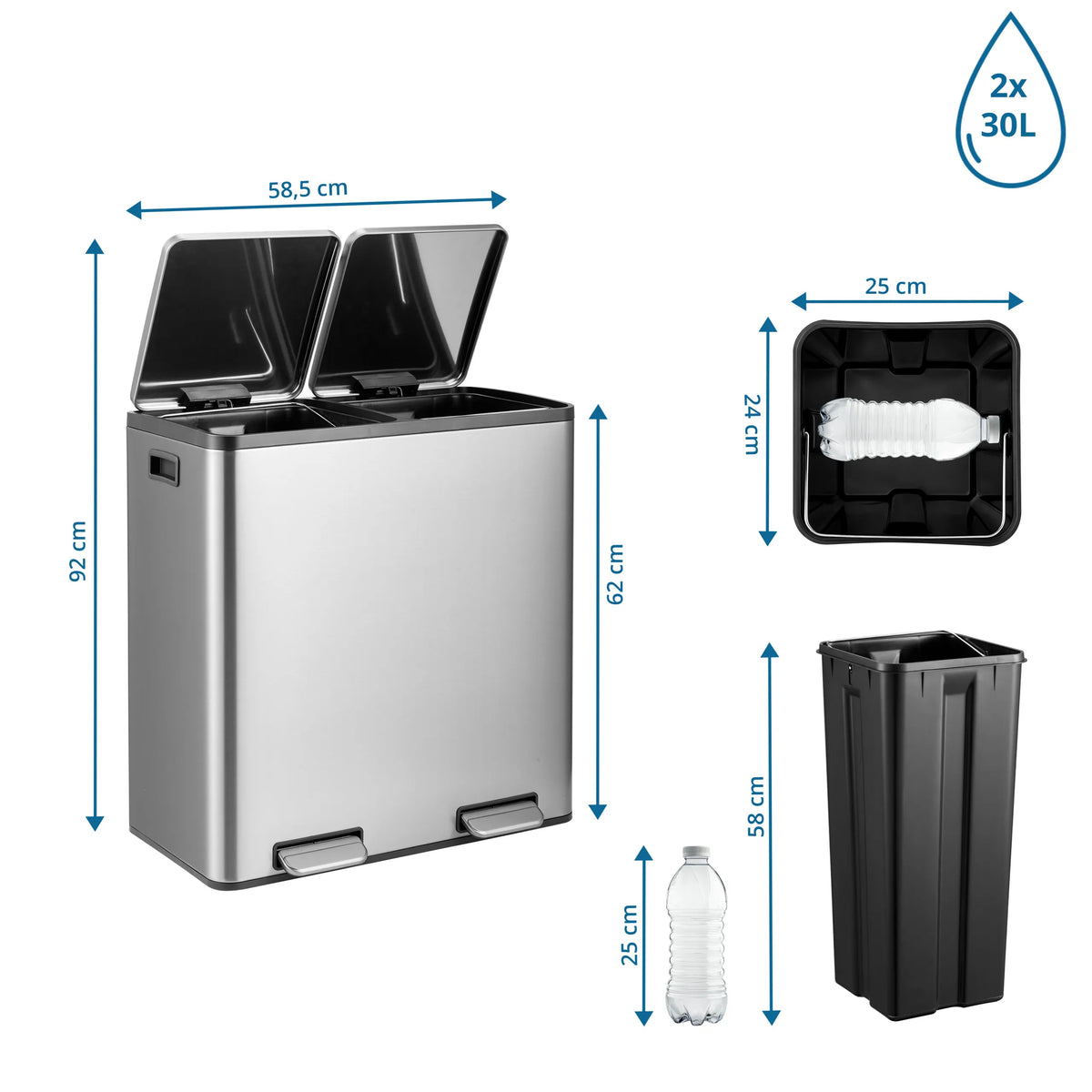 Dessin coté de la poubelle Clean 13 S d'une hauteur de 92 cm avec deux bacs de 30 litres de hjh OFFICE
