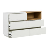Buffet blanc MELMO S avec accent en bois de chêne et trois tiroirs partiellement ouverts de hjh LIVING