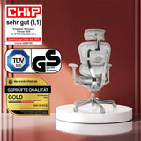Siège de direction de luxe ERGOHUMAN ULTRA G GEN2 en gris avec revêtement en maille et divers labels de certification de hjh OFFICE