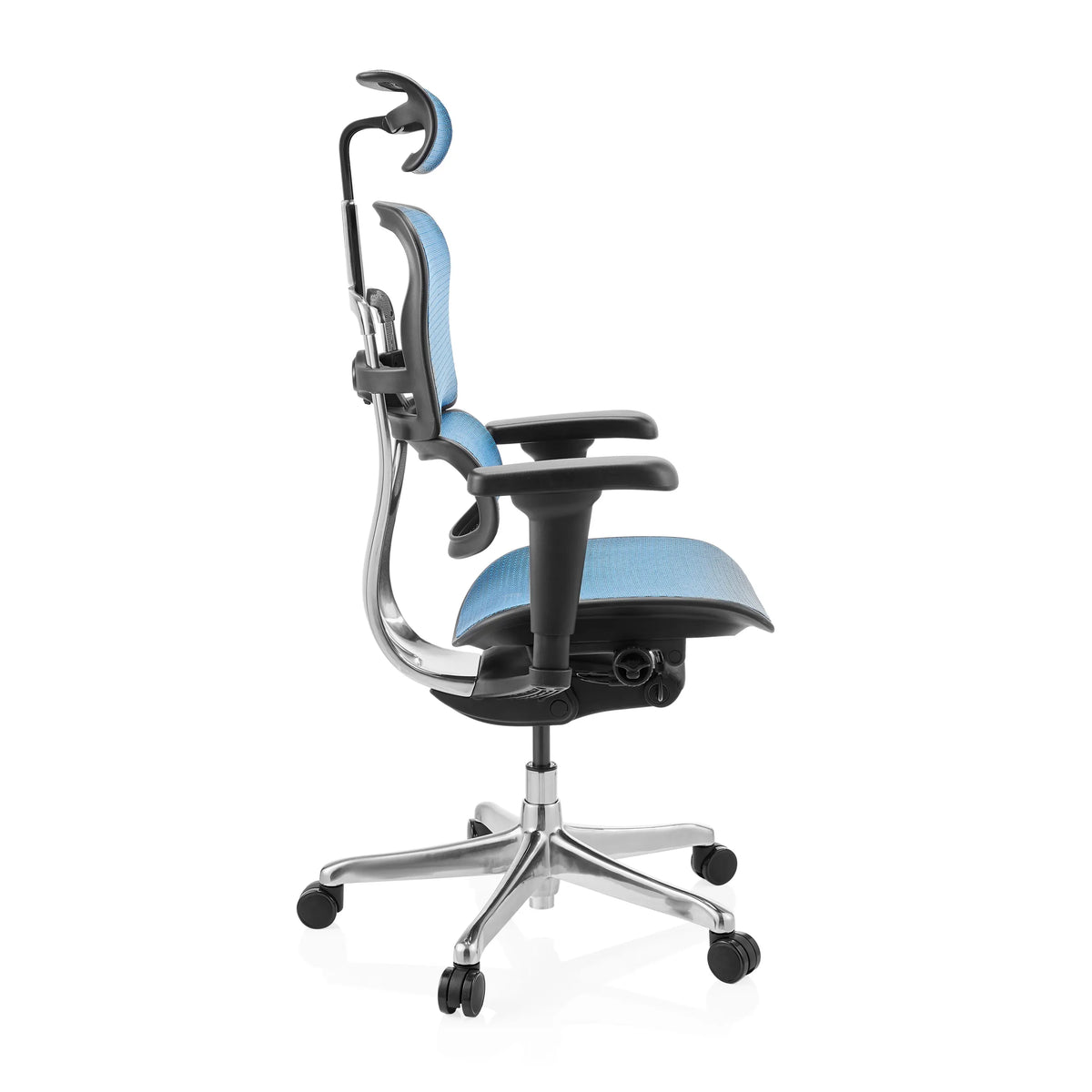 Siège de direction de luxe ERGOHUMAN ULTRA GEN2 bleu, dossier maille, appuie-tête et base 5 roulettes de hjh OFFICE – vue à 360° (vue de face 0°)