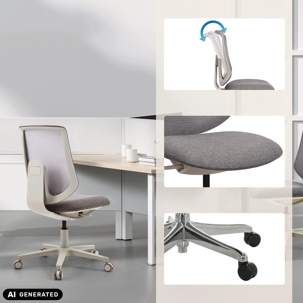 Siège de bureau à domicile Sitflex Lady gris avec détails du dossier, du siège et des roulettes de hjh OFFICE (image générée par IA)