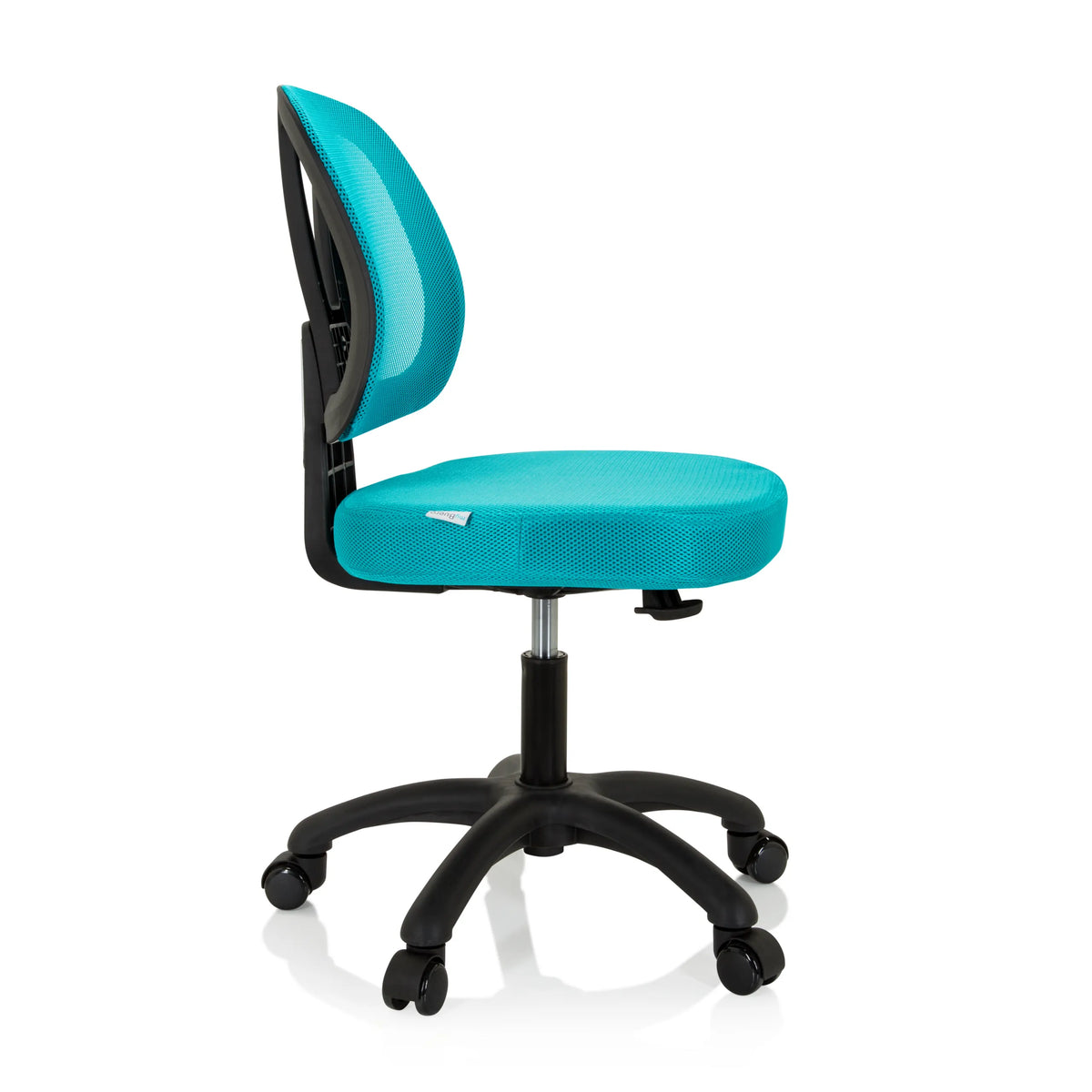 Chaise pivotante pour des enfants KID YU 200 turquoise avec dossier en maille et base à cinq roulettes de hjh OFFICE – vue à 360° (vue de profil 80°)