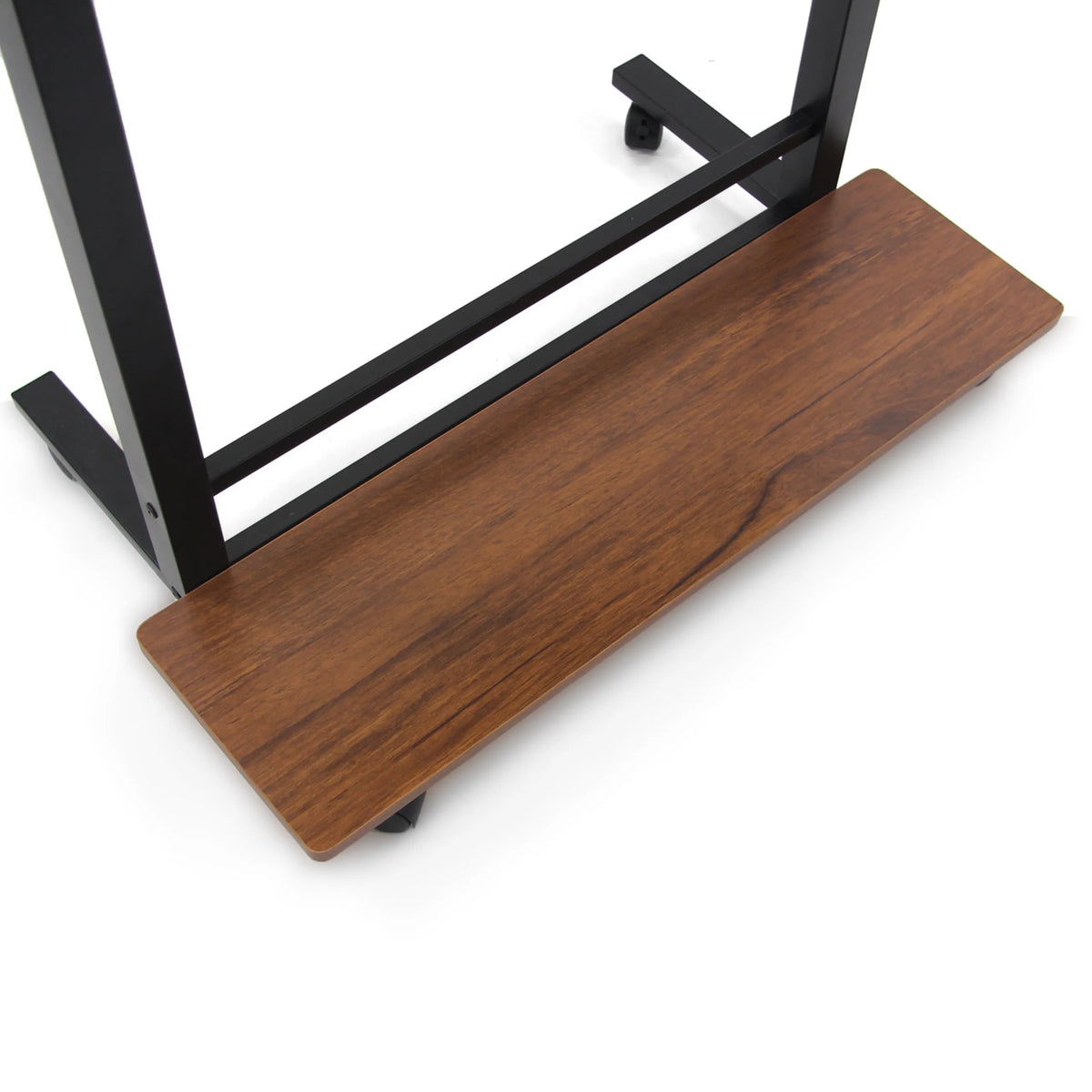 Ablagefläche in Walnuss-Optik mit schwarzem Metallgestell des Stehschreibtischs WORKSTATION II von hjh OFFICE