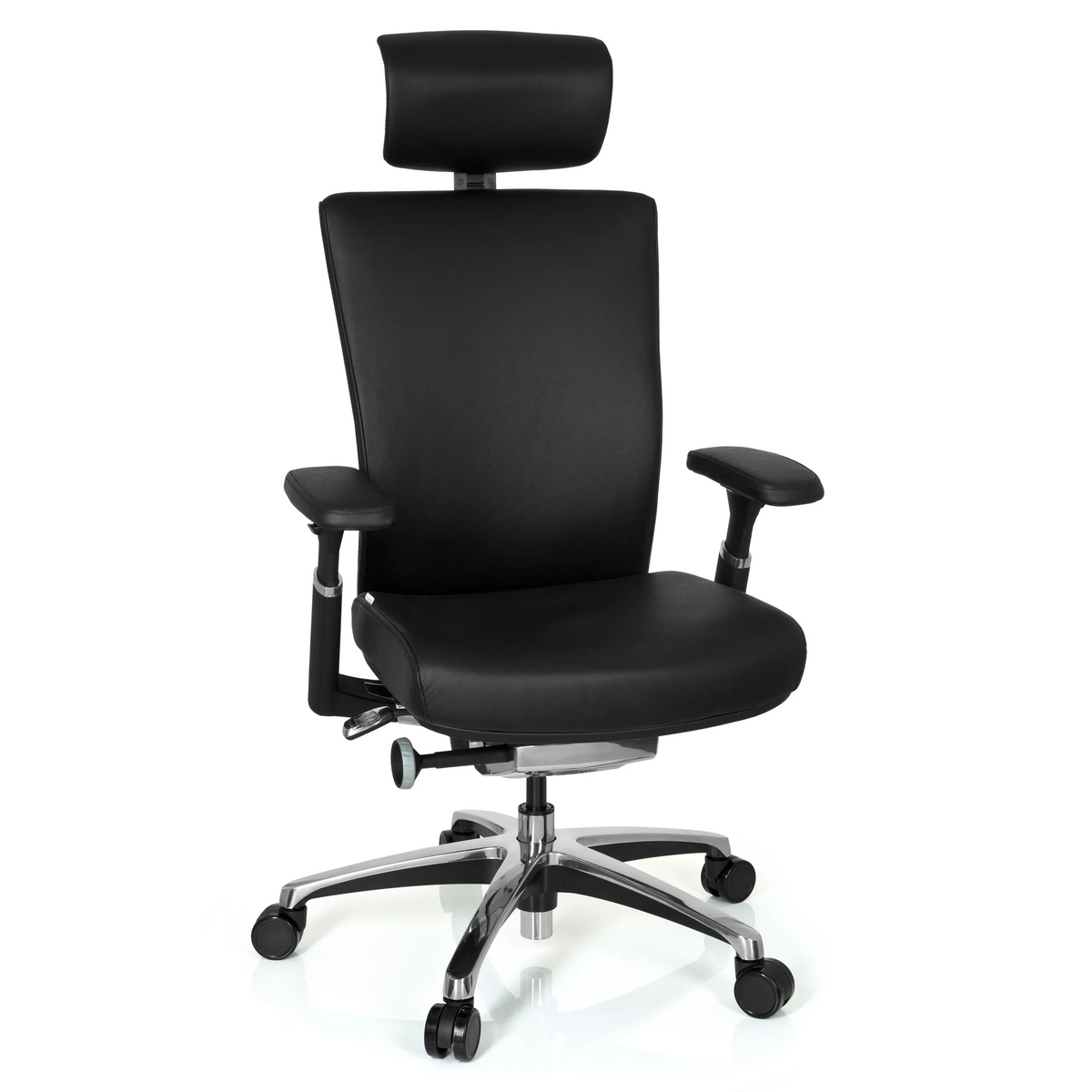 Siège de bureau de qualité professionnelle NOVA noir en cuir avec appuie-tête et base à cinq roulettes de hjh OFFICE – vue à 360° (vue de face 20°)