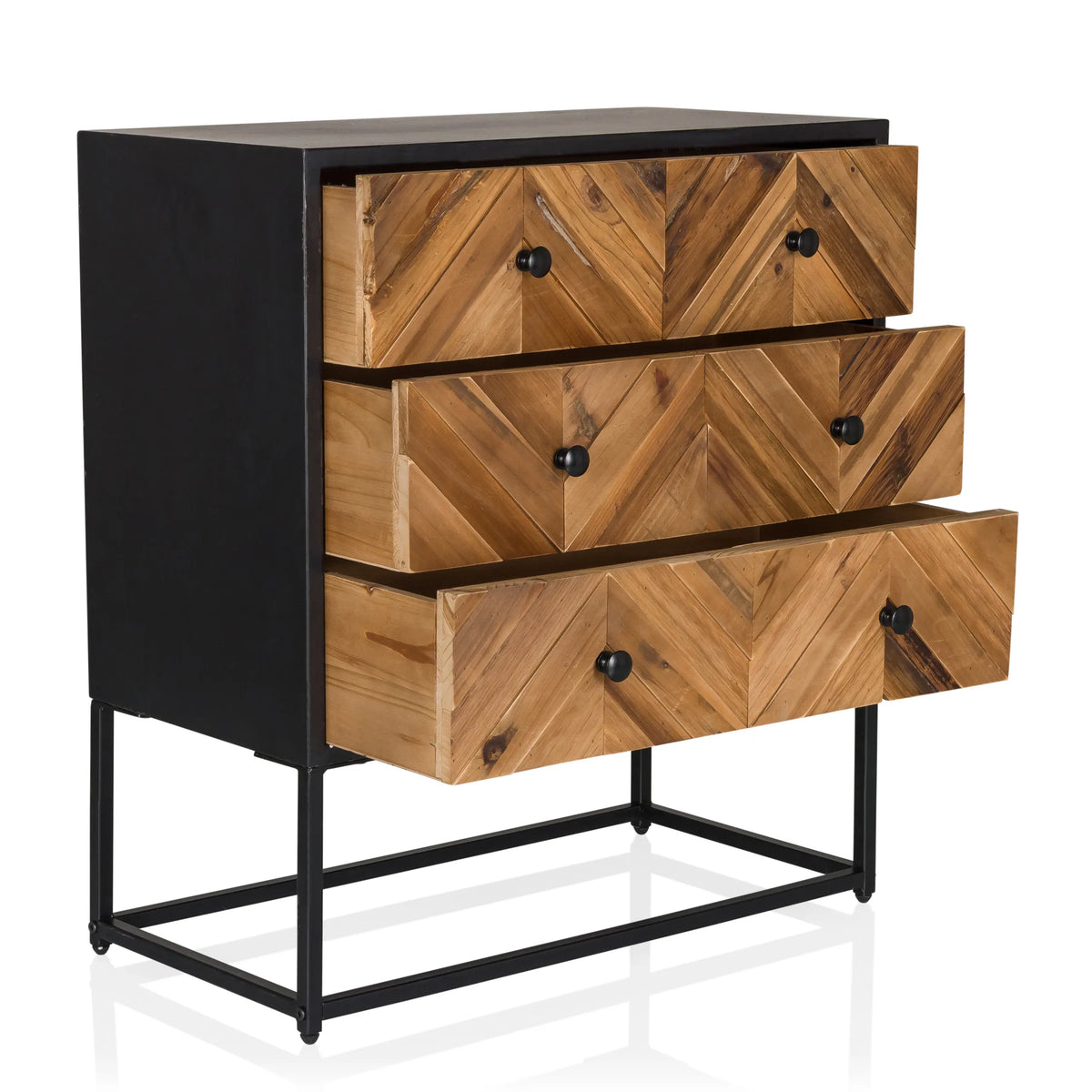 Buffet SANTJAGO BLACK SUN L avec trois tiroirs couleur bois à motif chevron et structure noire de hjh LIVING