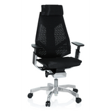 Siège de bureau haut de gamme GENIDIA PRO noir avec dossier en maille et pied à cinq roulettes de hjh OFFICE – vue à 360° (vue de face 20°)