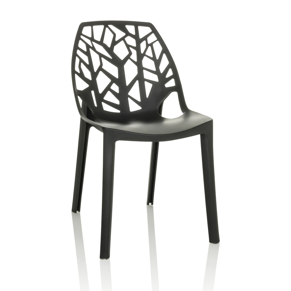 Chaise d'extérieur ARTIFO TRI noire avec dossier ajouré au look organique de hjh OFFICE – vue à 360° (vue de face 15°)
