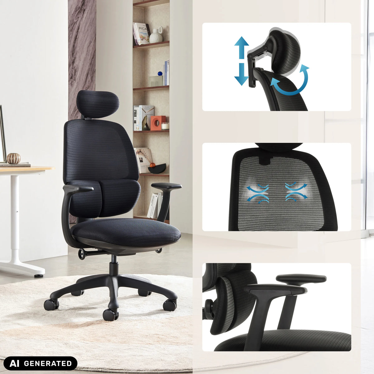 Siège de bureau de qualité professionnelle RI-COVER en noir avec appuie-tête et accoudoirs réglables de hjh OFFICE (image générée par IA)