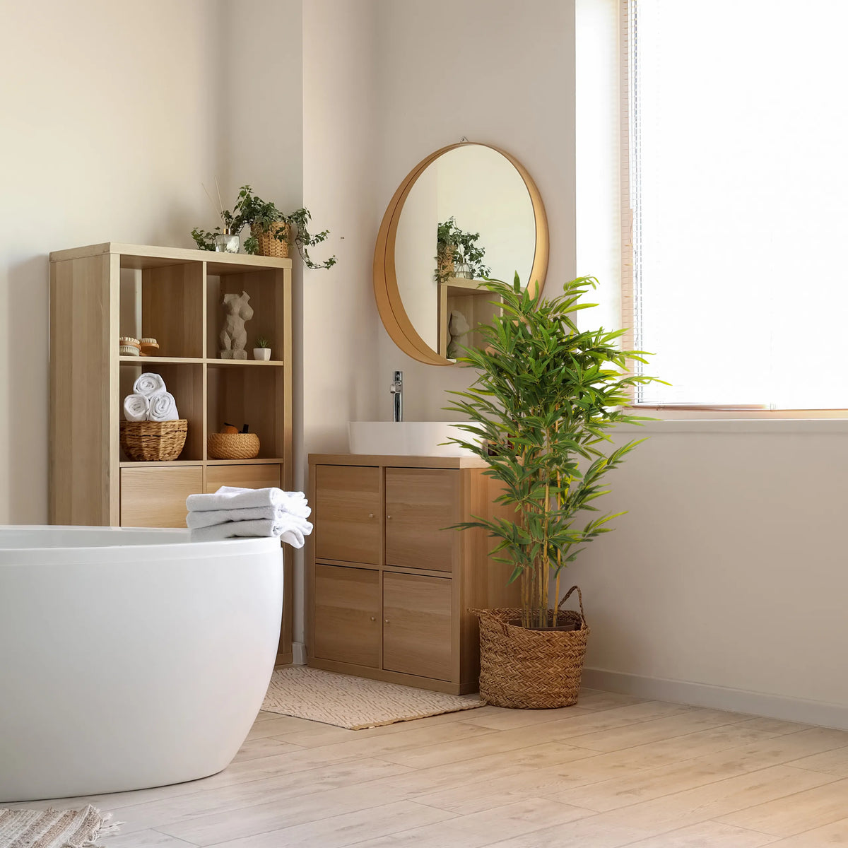 Plante artificielle verte BAMBUS II dans un panier tressé à côté d'un lavabo de salle de bain de hjh OFFICE