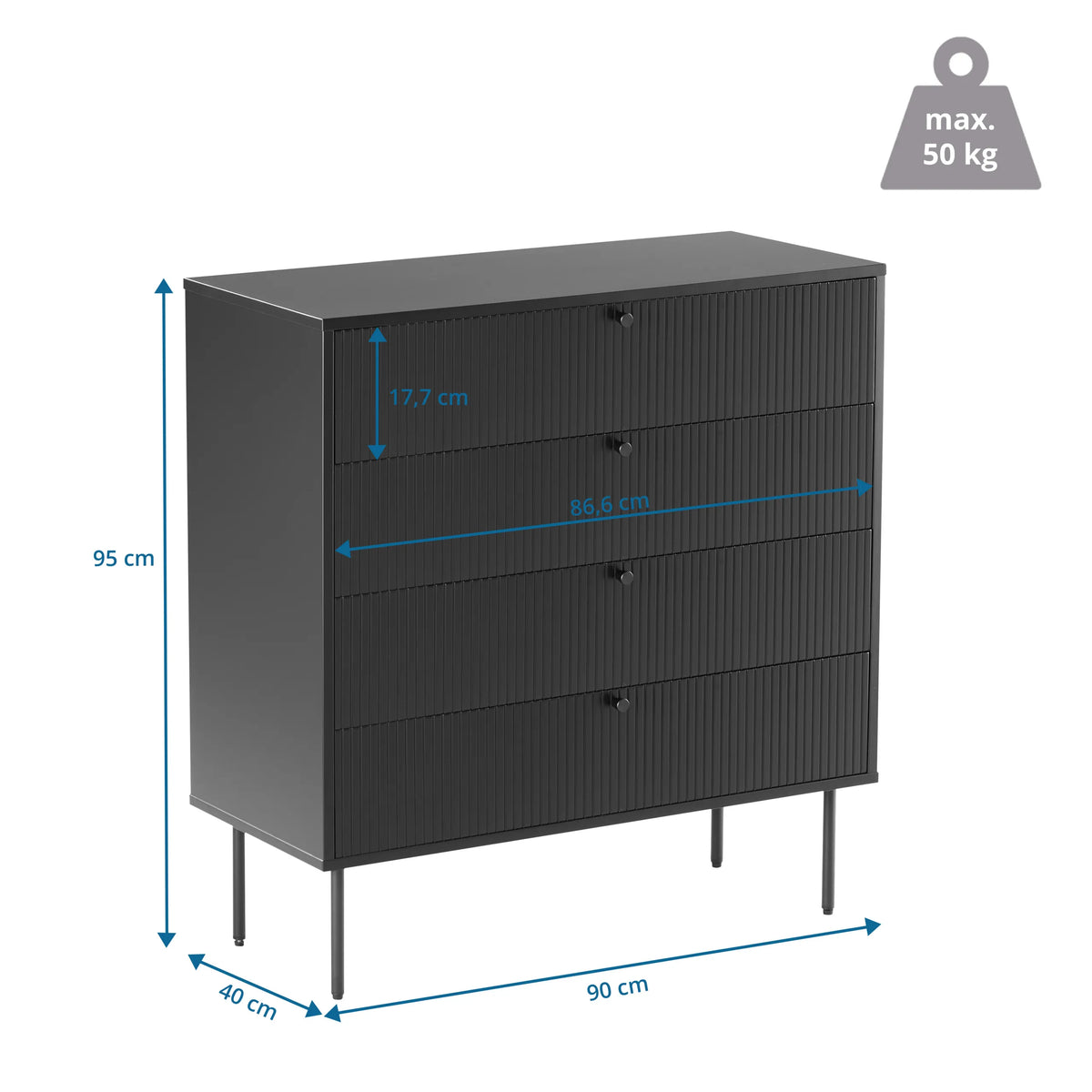 Dessin coté de la Commode KARBY K avec 90 × 95 cm et une capacité de charge de 50 kg de hjh LIVING