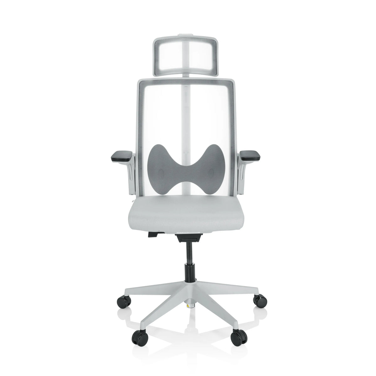 Siège de bureau de qualité professionnelle ARCEO W gris, dossier maille, appuie-tête et base à roulettes de hjh OFFICE – vue à 360° (vue de face 0°)