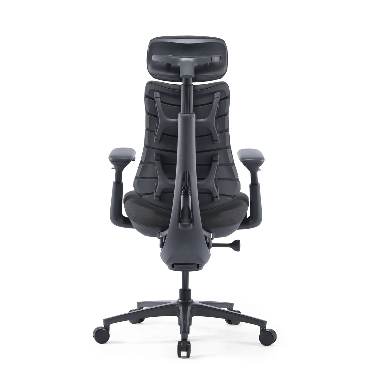 Vue arrière du siège de bureau haut de gamme LiberNovo Omni Pro gris foncé avec appui-tête de Libernovo