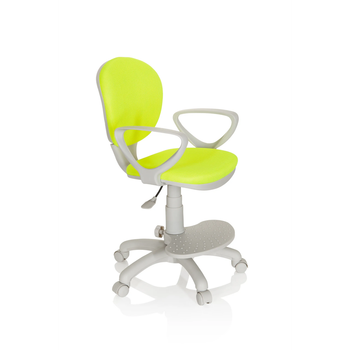 Chaise pivotante pour des enfants KID COLOUR G1 verte avec accoudoirs gris et piètement à cinq roulettes de hjh OFFICE – vue à 360° (vue de trois quarts avant 60°)