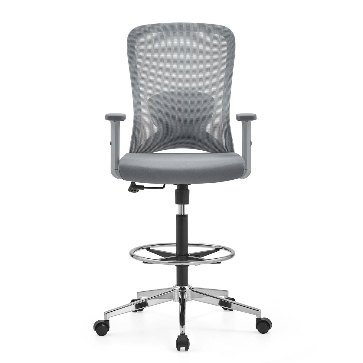 Chaise de comptoir Top Work 44 W grise avec dossier en maille, repose-pieds et base à cinq roulettes de hjh OFFICE – vue à 360° (vue de face 0°)