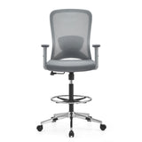 Chaise de comptoir Top Work 44 W grise avec dossier en maille, repose-pieds et base à cinq roulettes de hjh OFFICE – vue à 360° (vue de face 0°)