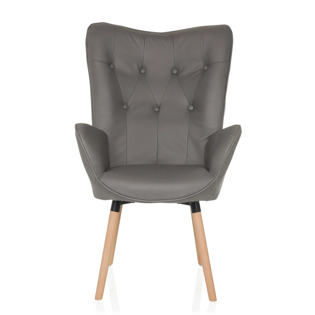 Fauteuil rembourré gris HAVENIO I avec capitonnage, accoudoirs et quatre pieds en bois de hjh LIVING – vue à 360° (vue de face 0°)