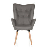 Fauteuil rembourré gris HAVENIO I avec capitonnage, accoudoirs et quatre pieds en bois de hjh LIVING – vue à 360° (vue de face 0°)
