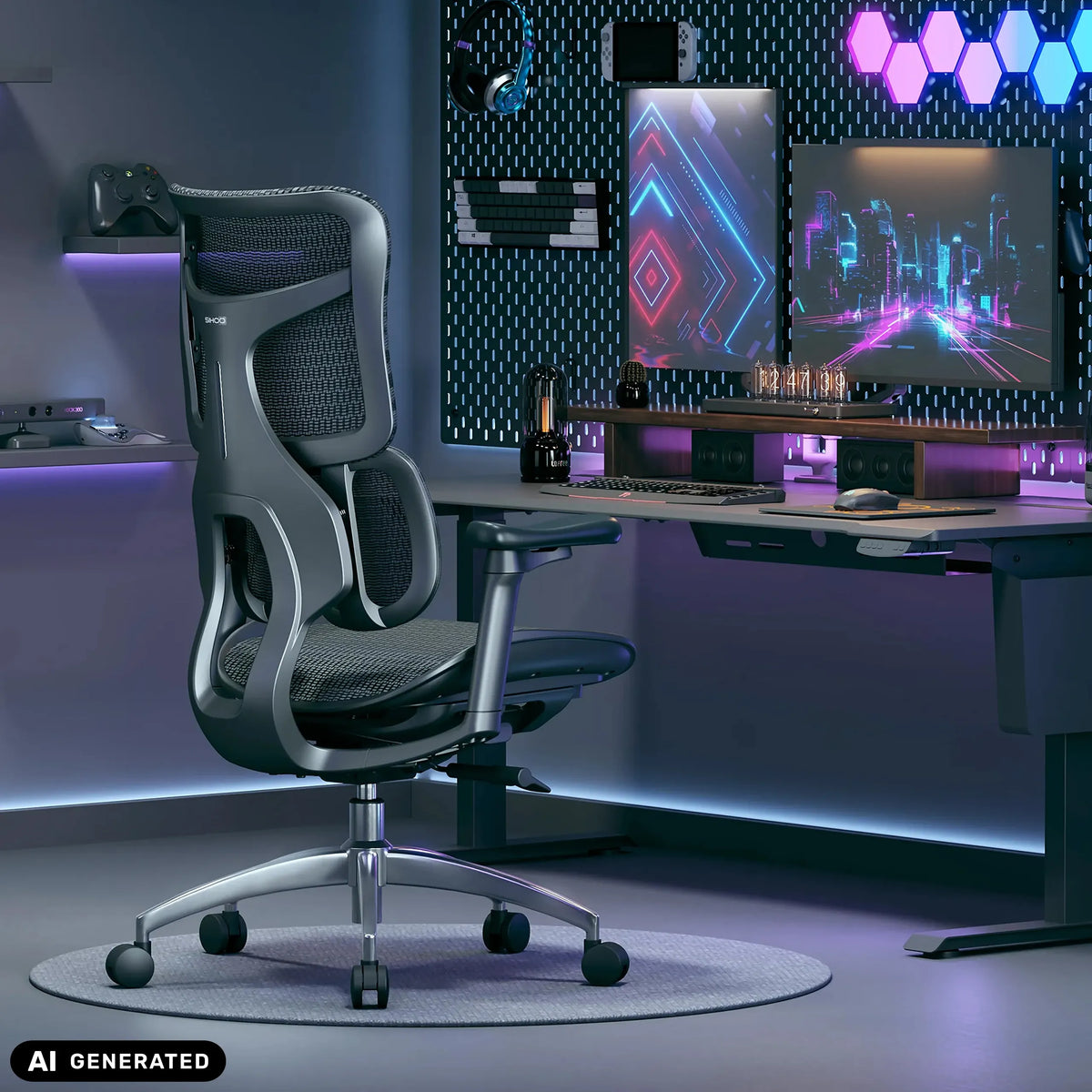 Siège de bureau de qualité professionnelle S100-M301 noir avec dossier en maille et accoudoirs dans une salle de jeu de Sihoo (image générée par IA)