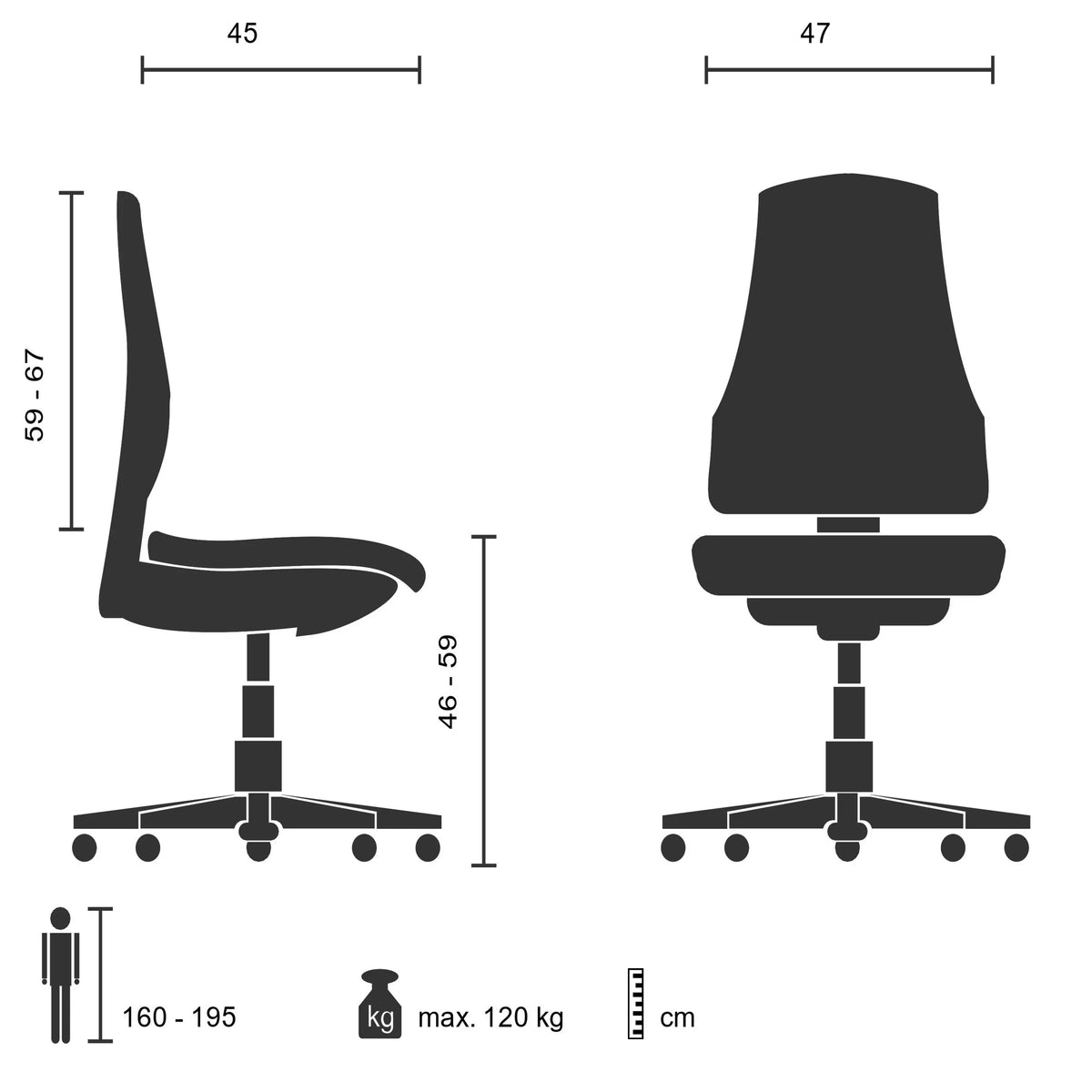 Dessin technique du Siège de bureau de qualité professionnelle PRO-TEC 100 avec une charge maximale de 120 kg de hjh OFFICE