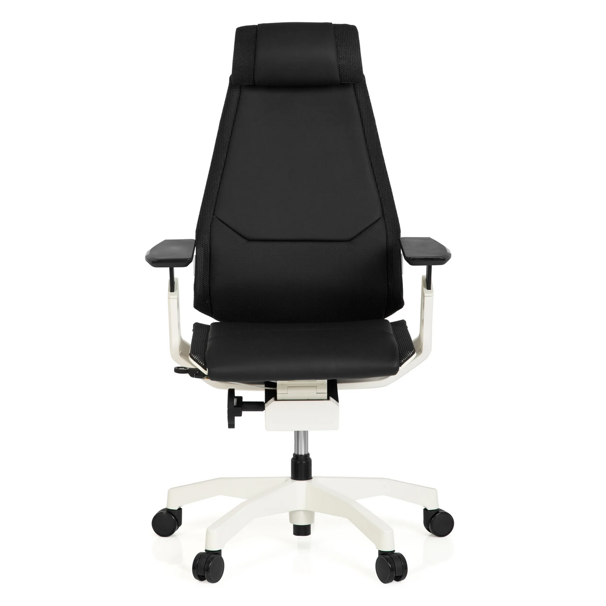 Siège de bureau haut de gamme GENIDIA PRO WHITE noir en cuir avec piètement blanc et cinq roulettes de hjh OFFICE – vue à 360° (vue de face 0°)