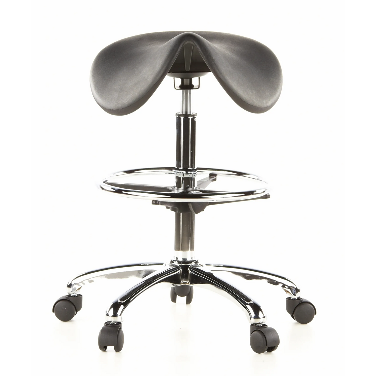 Tabouret de selle TOP WORK 13 noir avec repose-pieds et base à cinq roulettes de hjh OFFICE – vue à 360° (vue de face 0°)