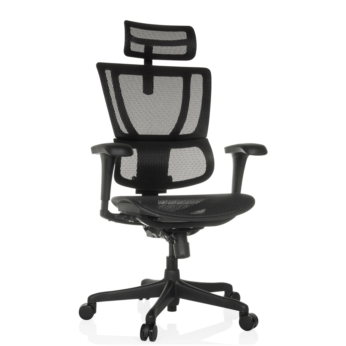 Siège de direction de luxe ERGOHUMAN SLIM ECO M GEN2 noir avec dossier en maille et base à cinq roulettes de hjh OFFICE – vue à 360° (vue de face 15°)