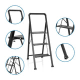 Échelle pliante SOLID W6 noire avec trois marches, main courante et pieds antidérapants de hjh OFFICE