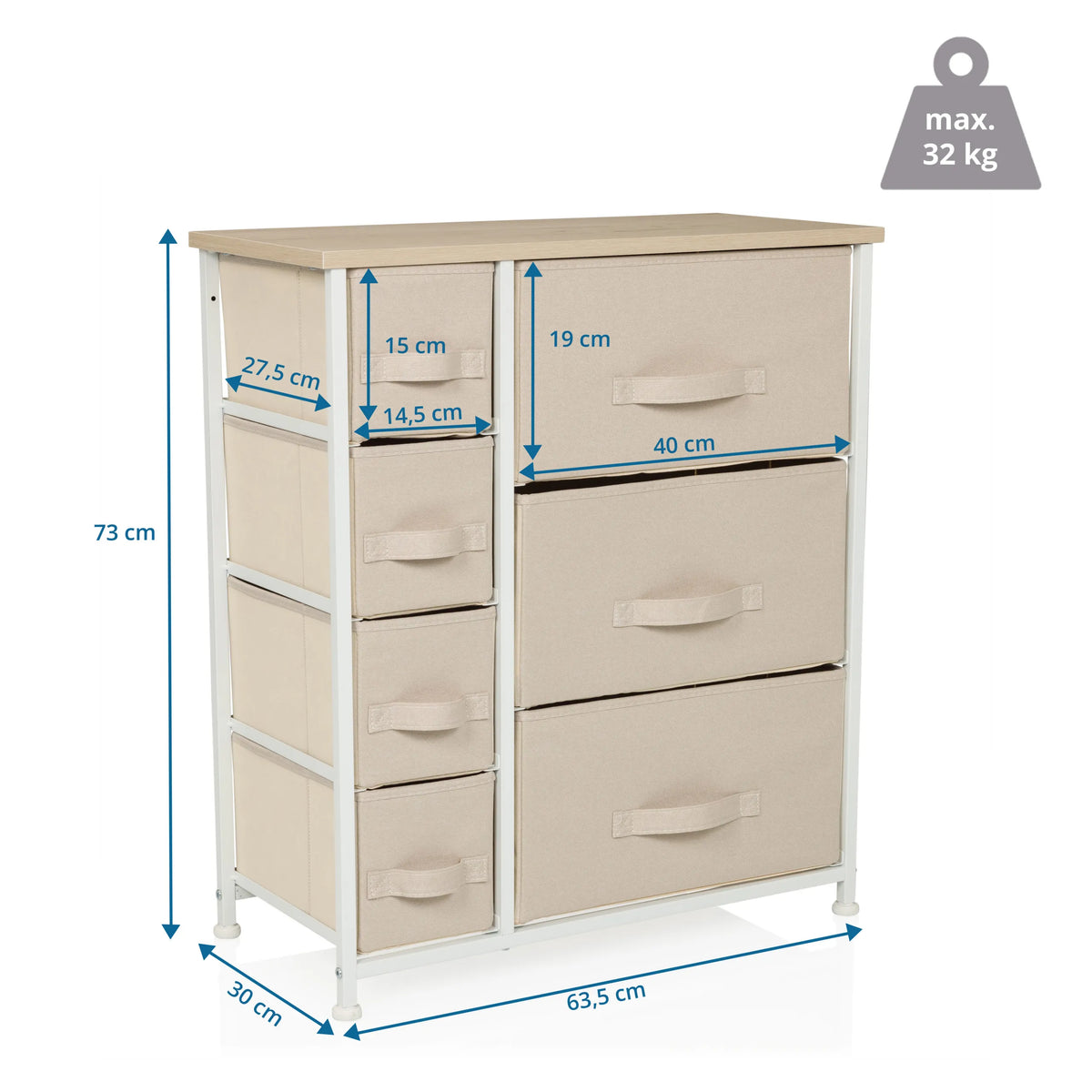Dessin coté de la Commode FOLDRESS B avec une hauteur de 73 cm et une largeur de 63,5 cm de hjh LIVING