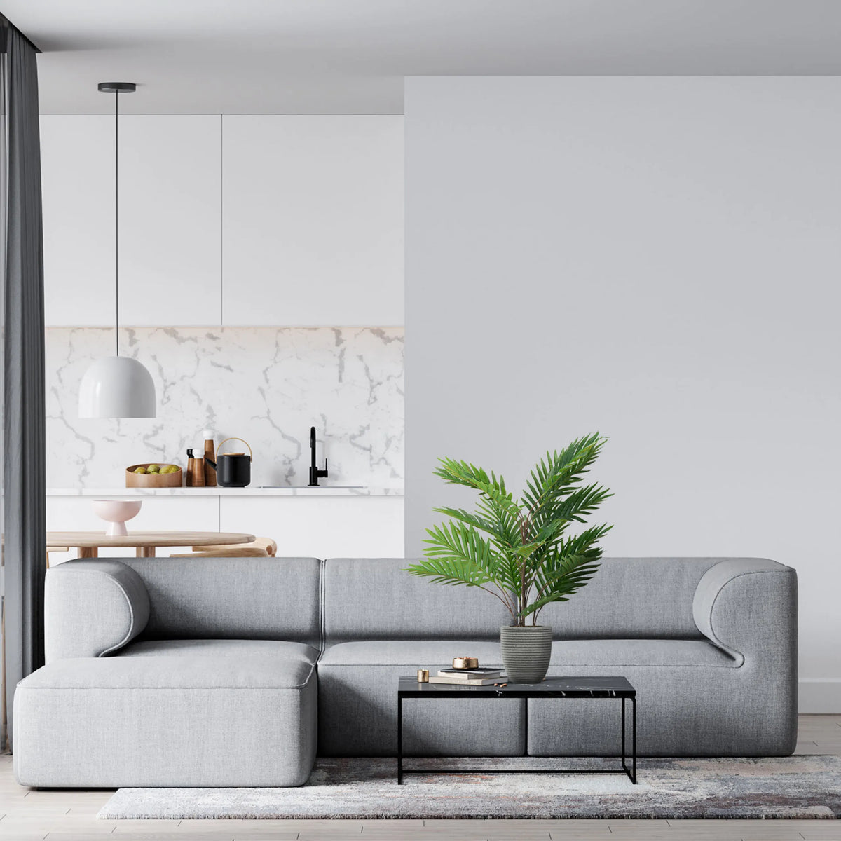 Plante artificielle verte ARECA dans un cache-pot gris sur une table d'appoint noire de hjh OFFICE