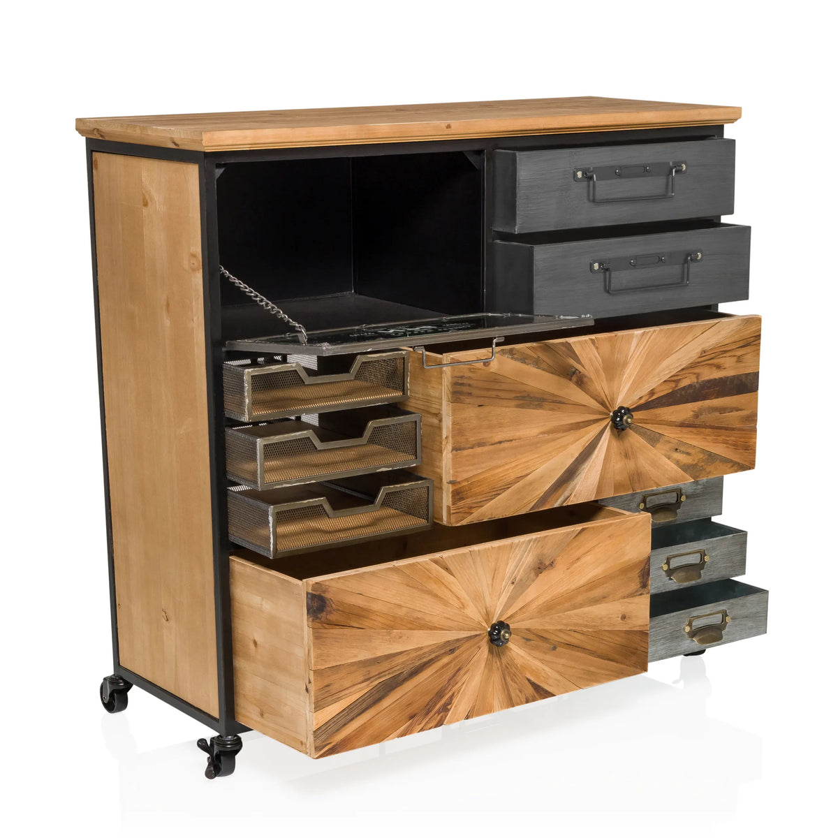 Buffet CONTINENTO XL avec niches ouvertes, tiroirs en bois et métal et roulettes de hjh LIVING