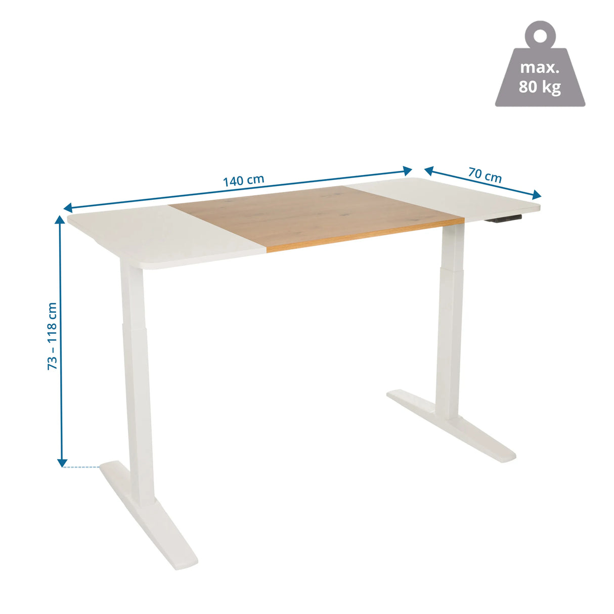 Dessin coté du Bureau réglable en hauteur électriquement STAND T3 de 140 x 70 cm de hjh OFFICE