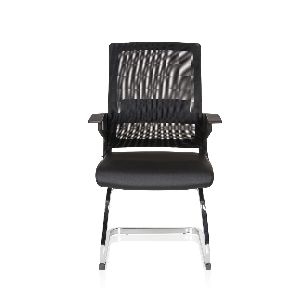 Chaises cantilever INVENTOR V PRO noires avec dossier en maille, accoudoirs et piètement luge de hjh OFFICE – vue à 360° (vue de face 0°)