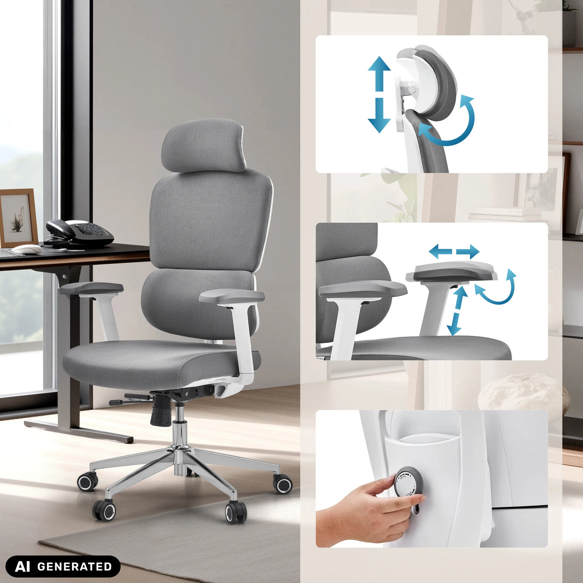 Siège de bureau de qualité professionnelle Ergomy WF 2 avec appui-tête et accoudoirs réglables de hjh OFFICE (image générée par IA)