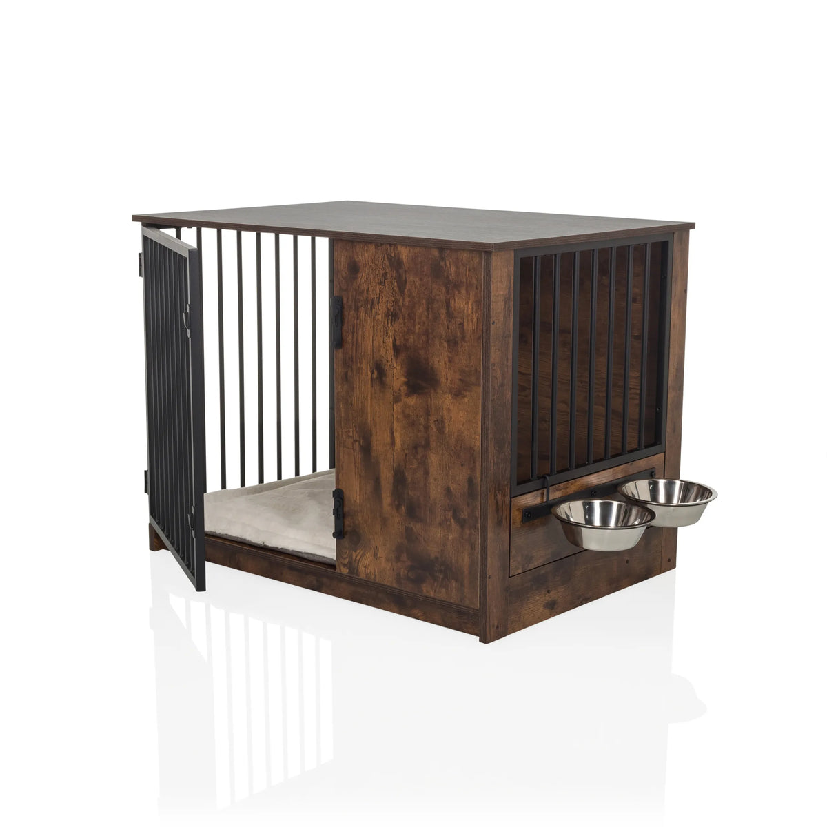 Niche pour chien PAWHOME S en marron avec barreaux métalliques, une porte ouverte et deux gamelles intégrées de hjh LIVING